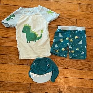 White and Green Rashguard Swim Set with Dinosaur Print